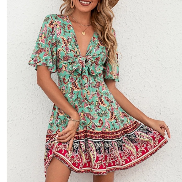 Dresses & Skirts - Boho Paisley Floral Print Butterfly Print Mini Dress